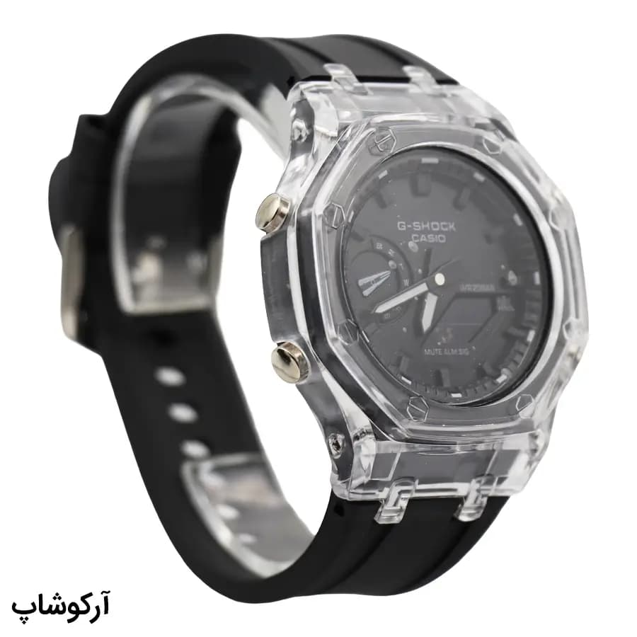 ساعت مردانه CASIO G-SHOCK قاب شفاف، صفحه مشکی آنالوگ و دیجیتال، بند سیلیکونی مشکی، قاب هشت‌ضلعی، نمایش تاریخ و روزهای هفته، موتور کوارتز دوزمانه، قفل سگکی پین‌دار مدل GA-2100 — تصویر ۳