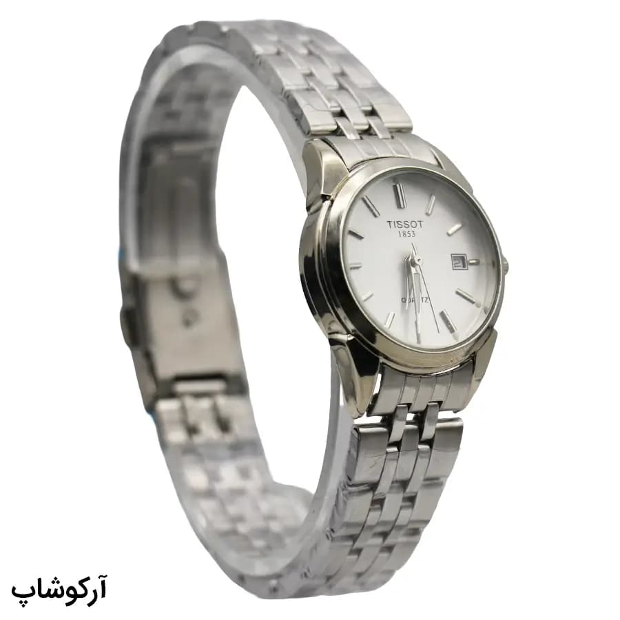 ساعت ست زنانه و مردانه TISSOT نقرهای، صفحه نقرهای روشن، بند فلزی نقرهای، قاب گرد، نمایش تاریخ، موتور کوارتز، قفل تاشو مدل 1853 — تصویر ۴