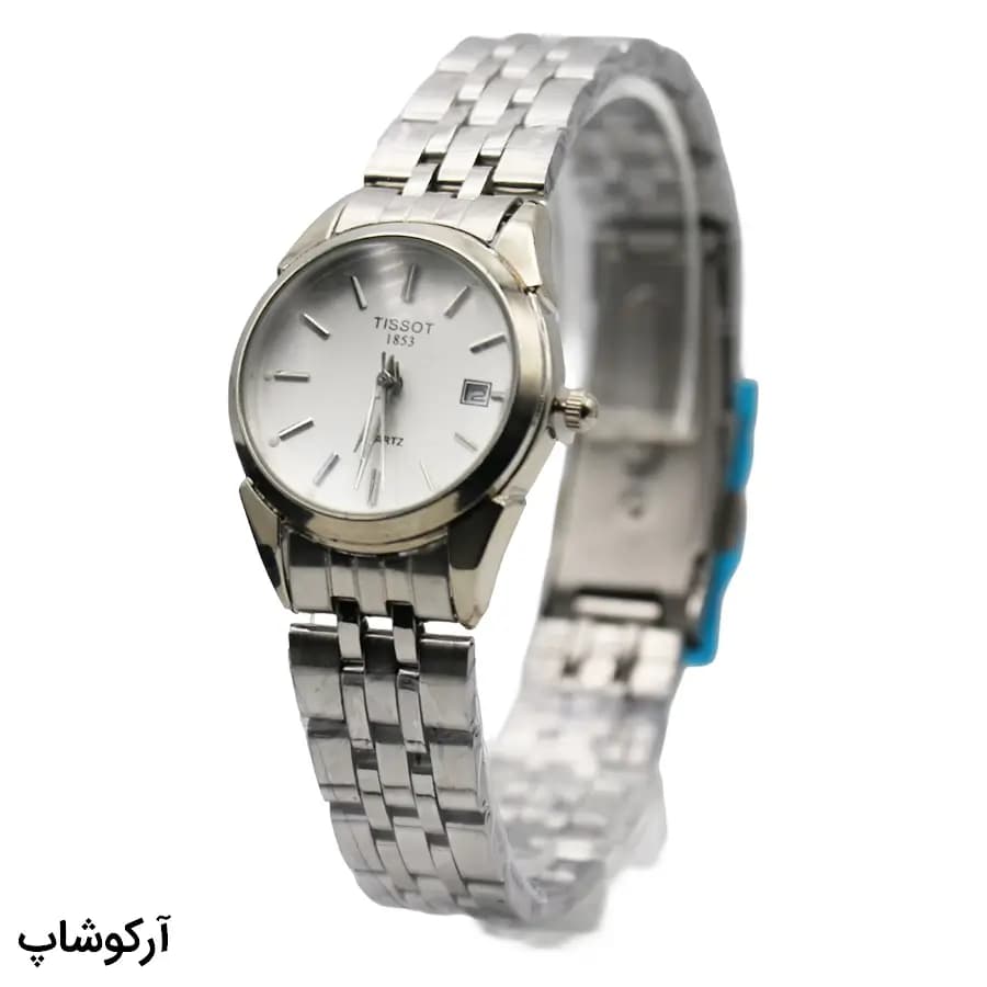 ساعت ست زنانه و مردانه TISSOT نقرهای، صفحه نقرهای روشن، بند فلزی نقرهای، قاب گرد، نمایش تاریخ، موتور کوارتز، قفل تاشو مدل 1853 — تصویر ۳