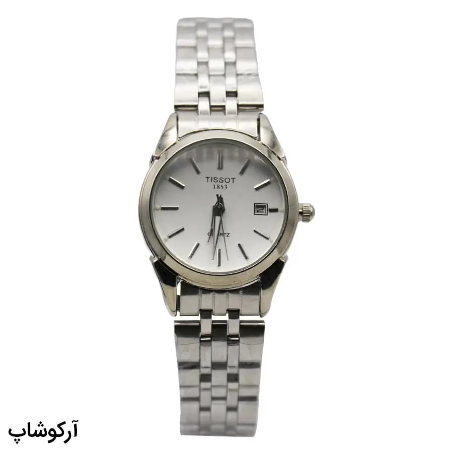 ساعت ست زنانه و مردانه TISSOT نقرهای، صفحه نقرهای روشن، بند فلزی نقرهای، قاب گرد، نمایش تاریخ، موتور کوارتز، قفل تاشو مدل 1853 — تصویر ۲