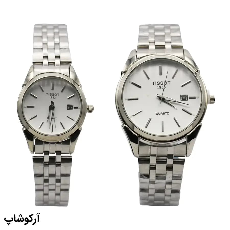 ساعت ست زنانه و مردانه TISSOT نقره‌ای، صفحه نقره‌ای روشن، بند فلزی نقره‌ای، قاب گرد، نمایش تاریخ، موتور کوارتز، قفل تاشو مدل 1853