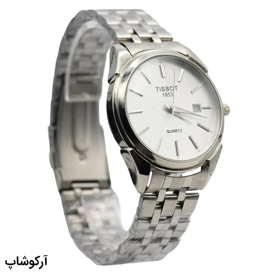 ساعت مردانه TISSOT نقره‌ای، صفحه نقره‌ای روشن، بند فلزی نقره‌ای، قاب گرد، نمایش تاریخ، موتور کوارتز، قفل تاشو مدل 1853 — تصویر ۳