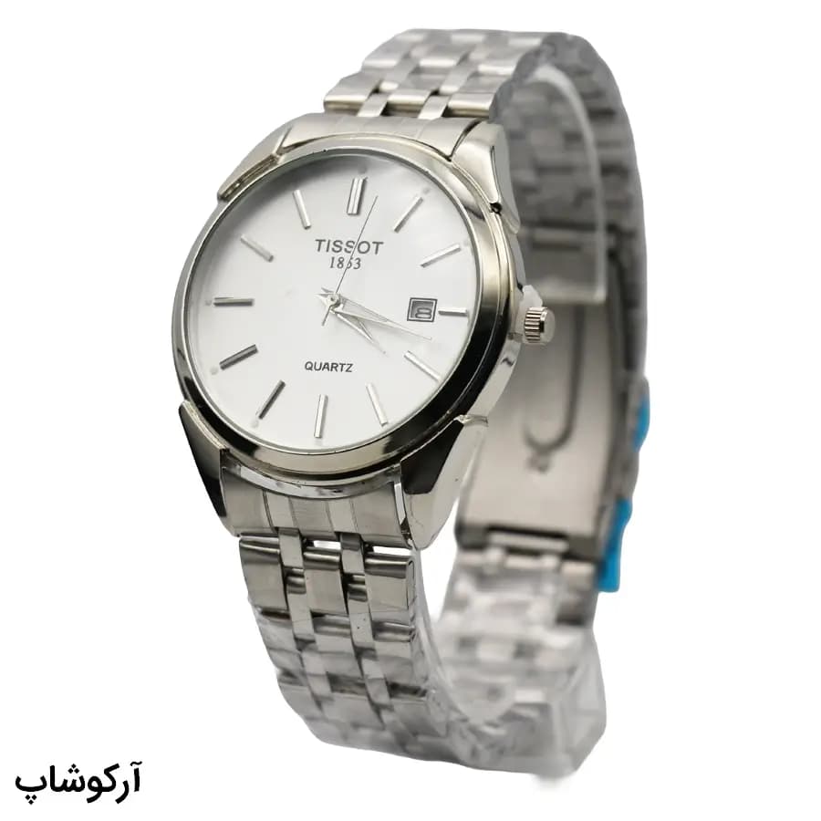 ساعت مردانه TISSOT نقره‌ای، صفحه نقره‌ای روشن، بند فلزی نقره‌ای، قاب گرد، نمایش تاریخ، موتور کوارتز، قفل تاشو مدل 1853 — تصویر ۲