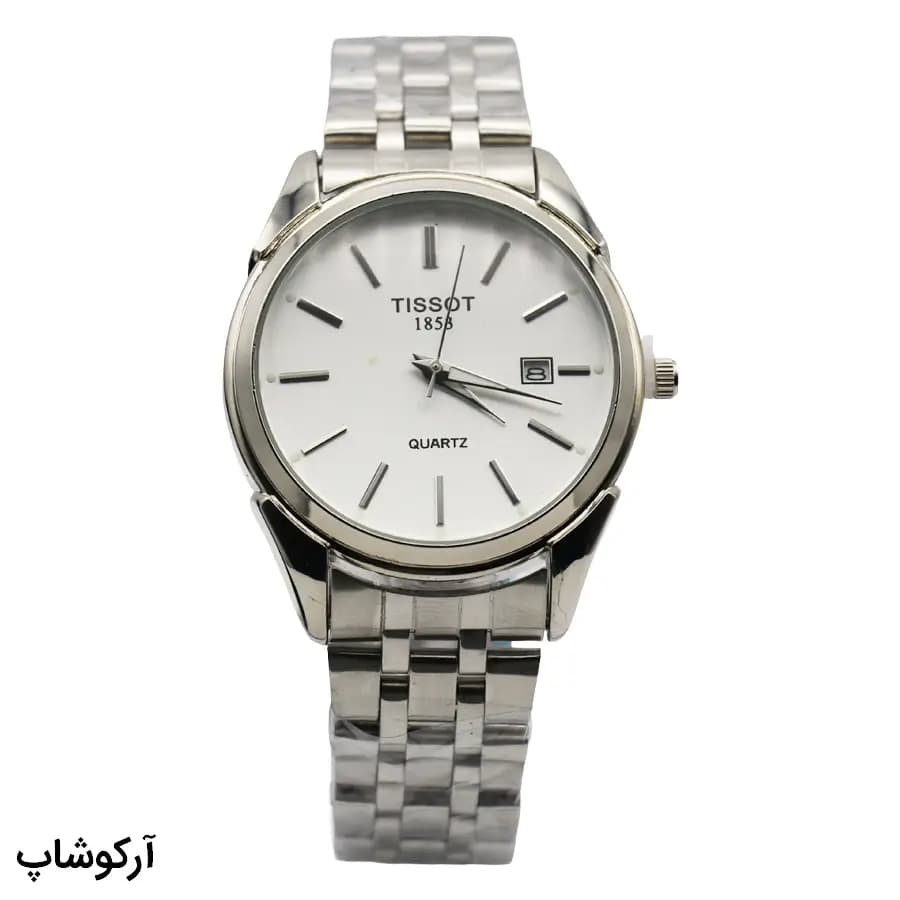 ساعت مردانه TISSOT نقرهای، صفحه نقرهای روشن، بند فلزی نقرهای، قاب گرد، نمایش تاریخ، موتور کوارتز، قفل تاشو مدل 1853