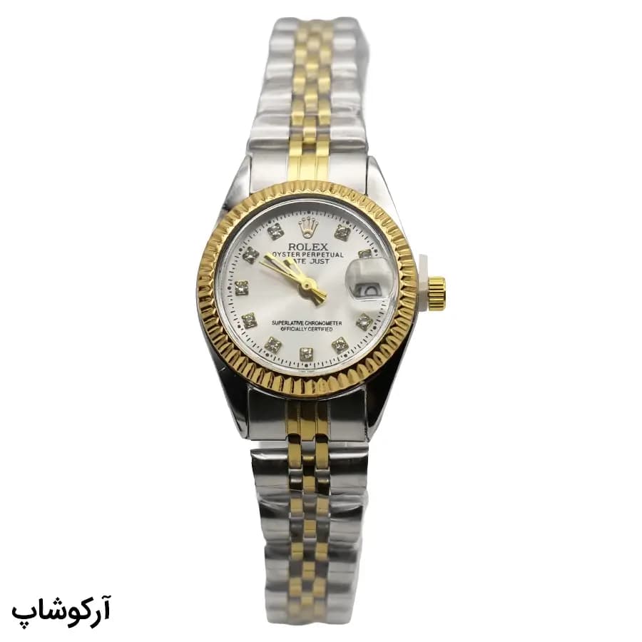 ساعت زنانه ROLEX نقره‌ای-طلایی، صفحه سفید، بند استیل طرح جولی، قاب دندانه‌دار، موتور کوارتز و قفل تاژ مخفی مدل 6018L