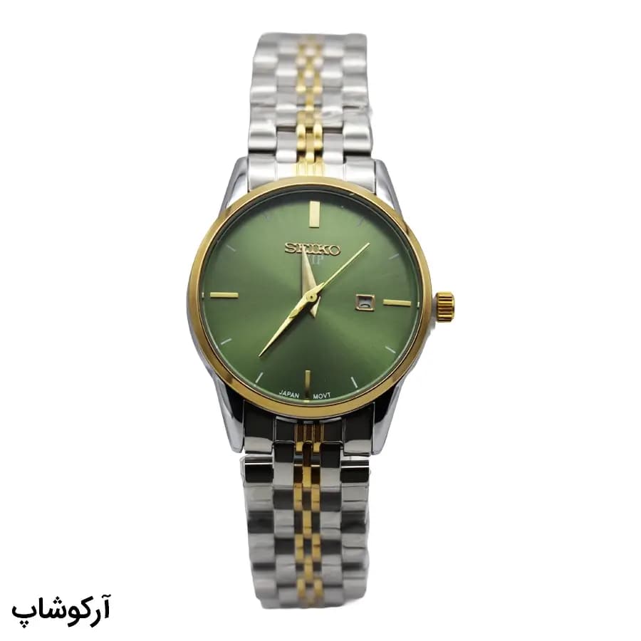 ساعت زنانه سیکو VIP سبز دورنگ، صفحه خورشیدی، بند و قاب استیل نقره‌ای طلایی، صفحه گرد، نمایش تاریخ، قفل پروانه‌ای مخفی مدل 977