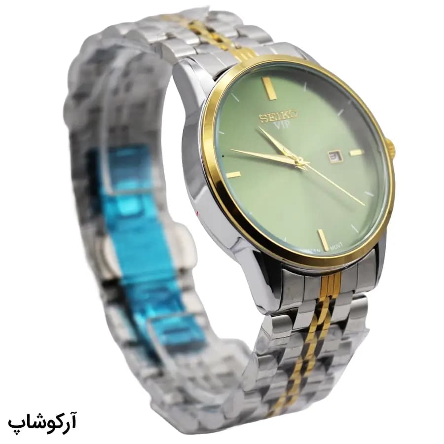 ساعت مردانه سیکو VIP سبز دورنگ، صفحه خورشیدی، بند و قاب استیل نقرهای طلایی، صفحه گرد، نمایش تاریخ، قفل پروانهای مخفی مدل 977 — تصویر ۳