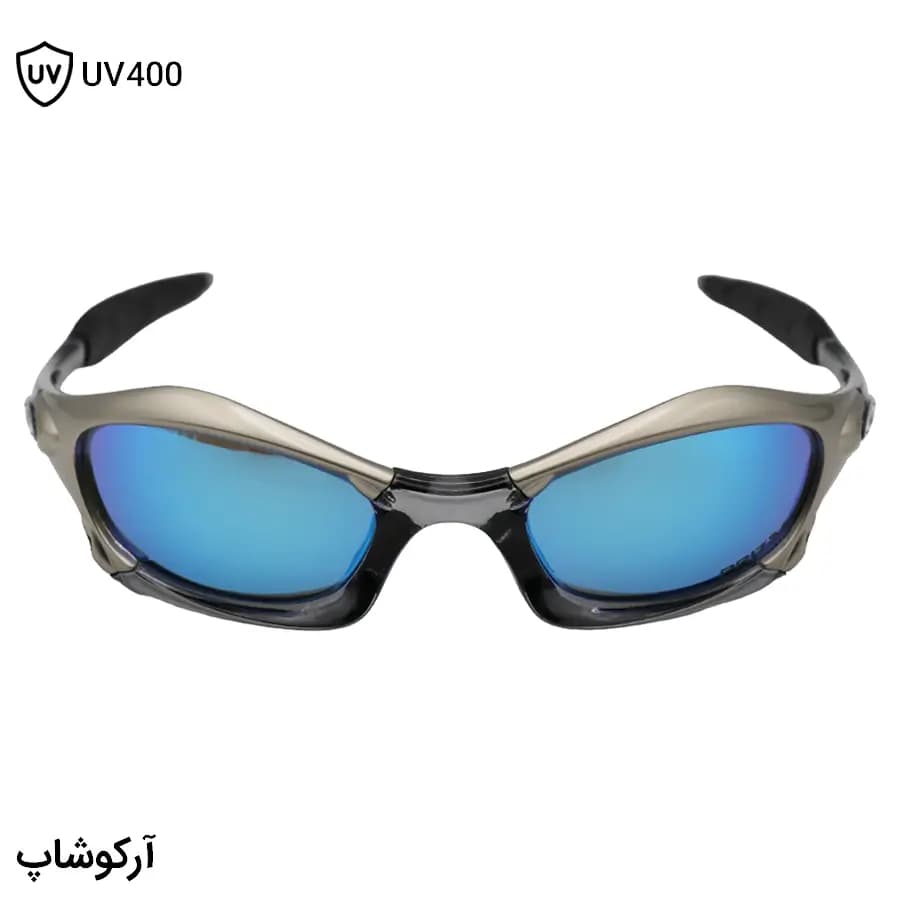 عینک آفتابی OAKLEY اسپلایس (Splice) با فریم نقره‌ای و طوسی، شکل بیضی و لنز آینه‌ای و آبی رنگ مدل OO2567 — تصویر ۳