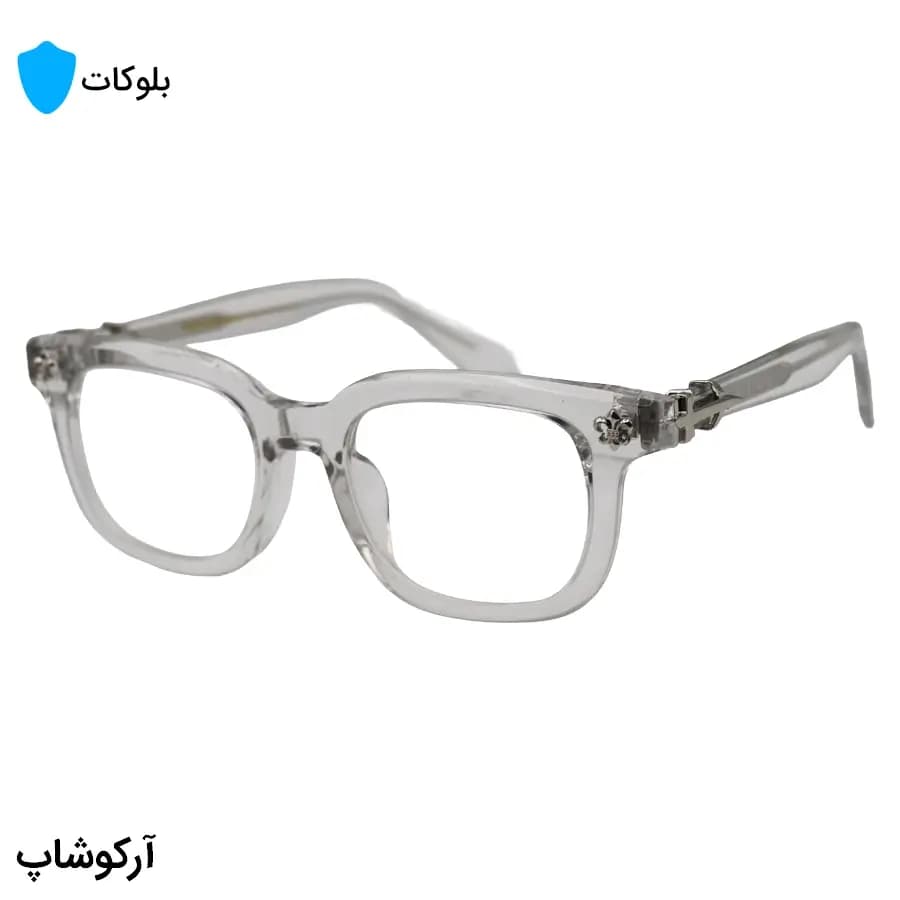 عینک برند کروم هارتز با فریم مستطیلی شکل، رنگ شفاف (بی‌رنگ) و نقره‌ای، دسته سیم‌دار و لنز بلوکات مدل 9203