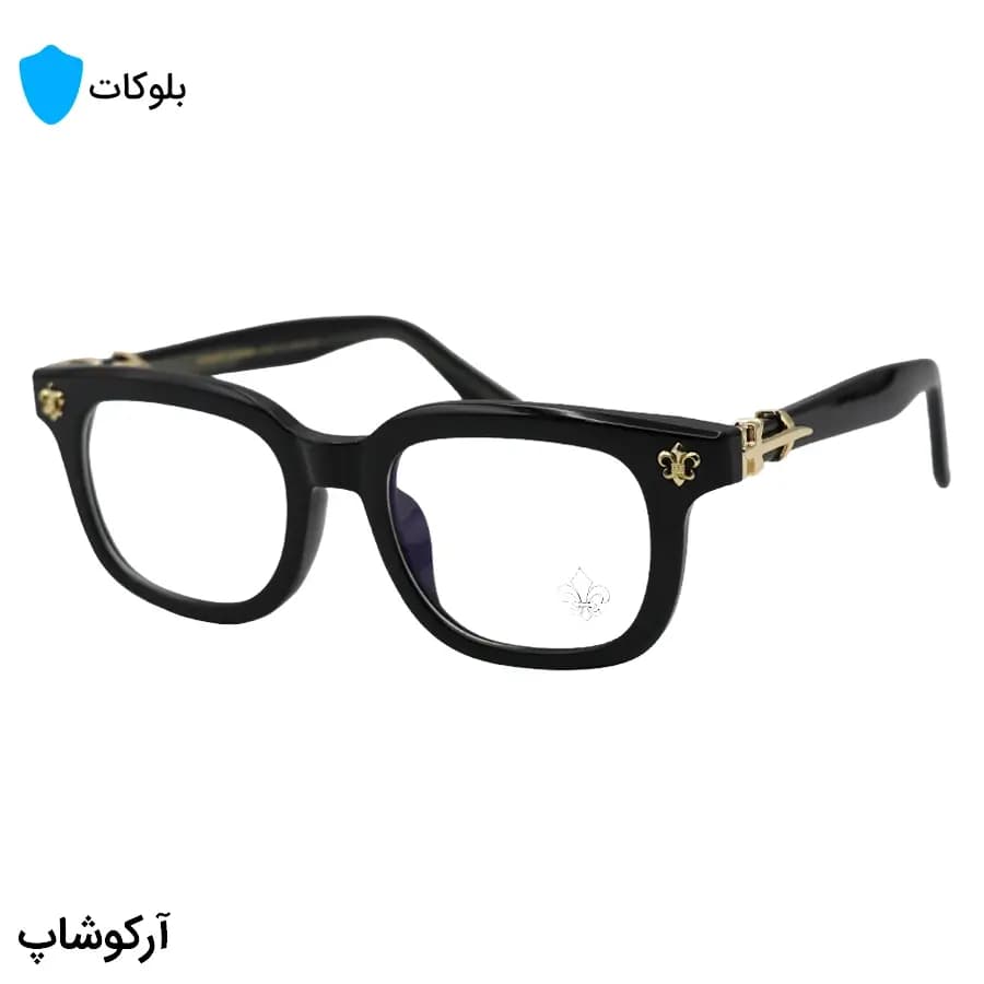 عینک برند کروم هارتز با فریم مستطیلی شکل، رنگ مشکی و طلایی، دسته سیم‌دار و لنز بلوکات مدل 9203