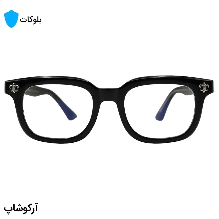 عینک برند Chrome Hearts با فریم مستطیلی شکل، رنگ مشکی و نقره‌ای، دسته سیم‌دار و لنز بلوکات مدل 9203 — تصویر ۳