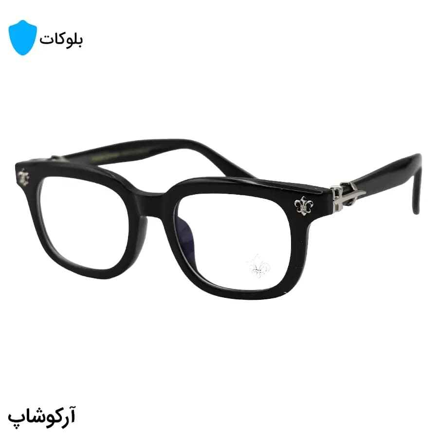 عینک برند Chrome Hearts با فریم مستطیلی شکل، رنگ مشکی و نقره‌ای، دسته سیم‌دار و لنز بلوکات مدل 9203