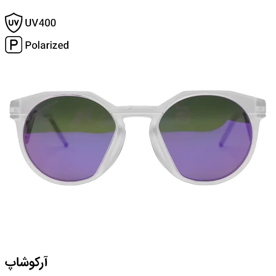 عینک ورزشی اوکلی با فریم گرد، رنگ سفید مات (یخی)، دسته سنجاقی و لنز آینه‌ای بنفش و پلاریزه مدل OO9279 — تصویر ۲