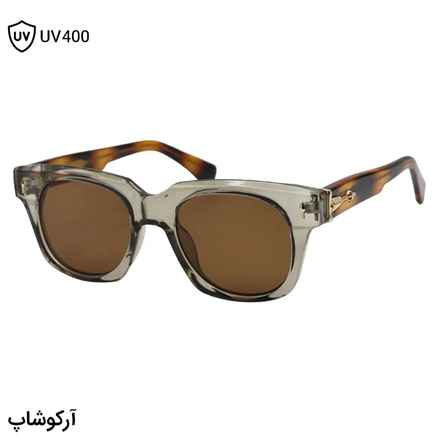 عینک آفتابی تام فورد با فریم مربعی شکل، رنگ طوسی براق، دسته سیم‌دار و لنز قهوه‌ای تیره مدل 9883