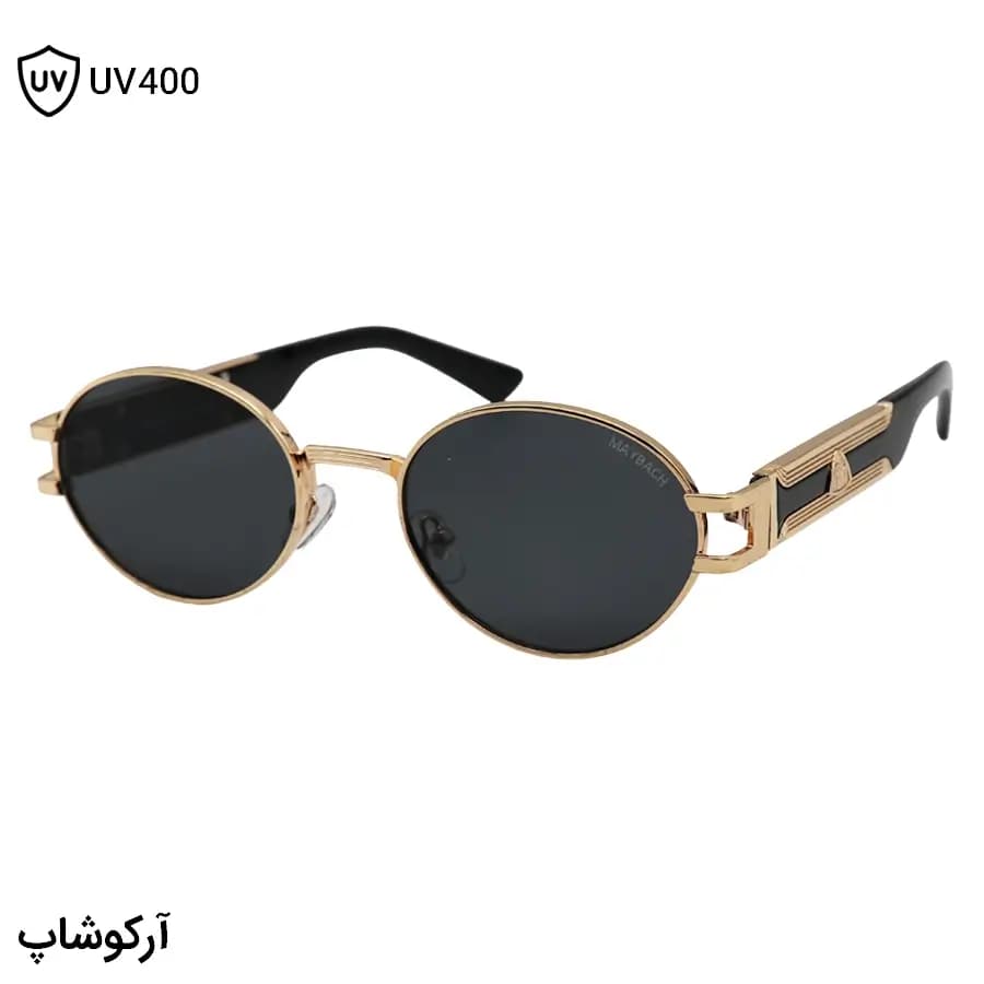 عینک آفتابی MAYBACH با فریم بیضی شکل، رنگ طلایی براق، دسته مشکی براق و لنز دودی تیره مدل T09132