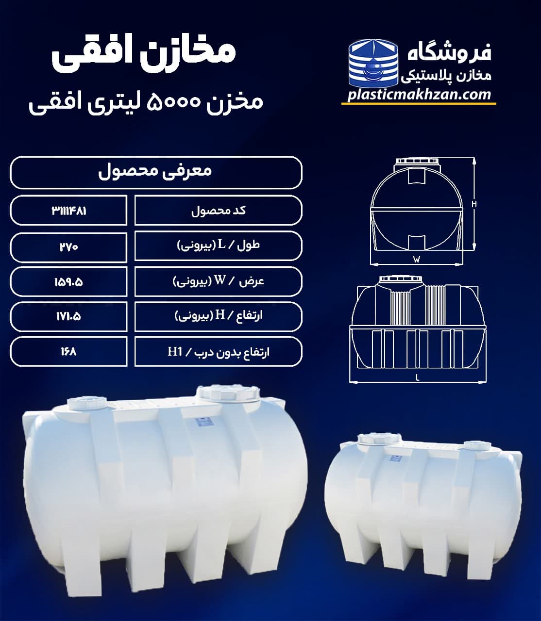 مخزن آب 5000 لیتری افقی سه لایه طبرستان – منبع و تانکر آب پلاستیکی — تصویر ۲