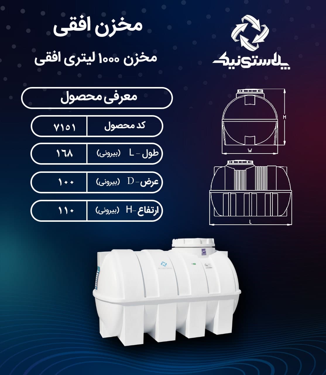 مخزن آب 1000 لیتری افقی سه لایه پلاستونیک – منبع و تانکر پلاستیکی (پلی اتیلن) — تصویر ۲