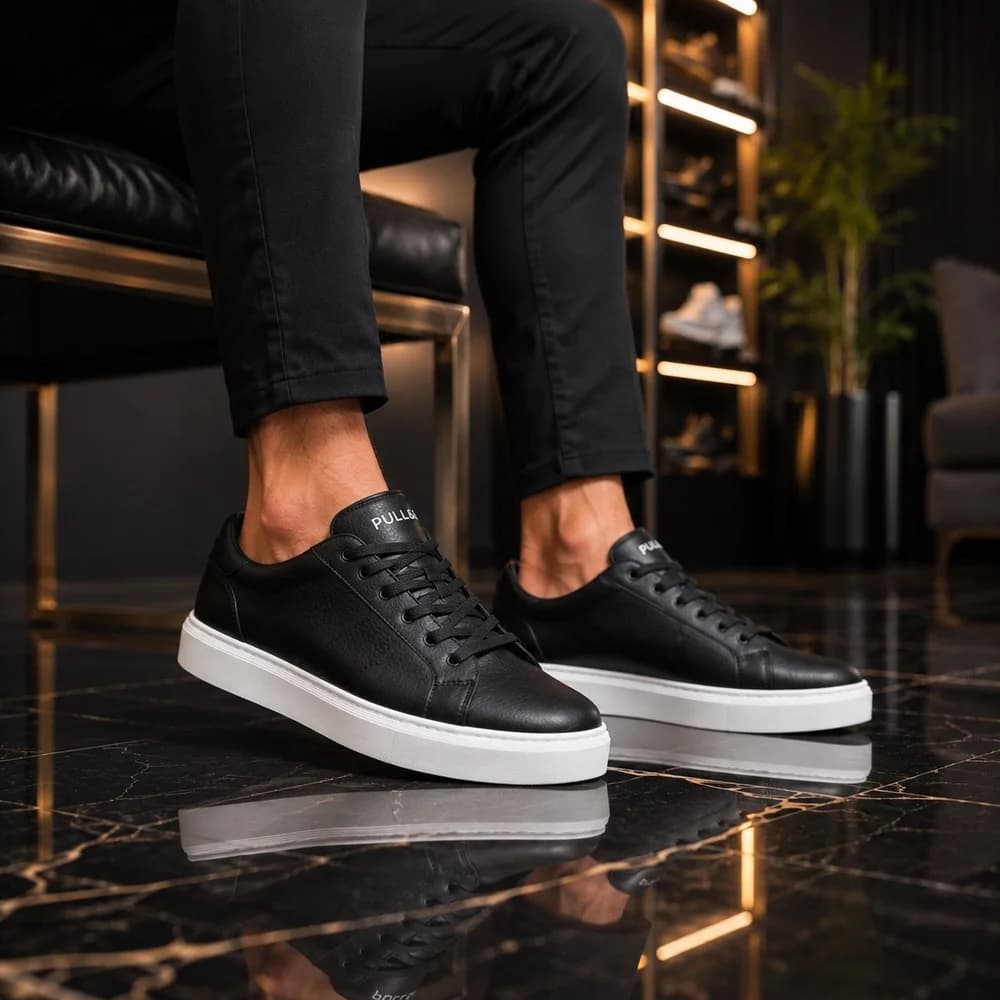 کتانی ونس اسپرت مردانه مشکی مدل (pull&bear)|سایز41-44|دوردوخت|پاشنه4 سانت|مشکی-سفید