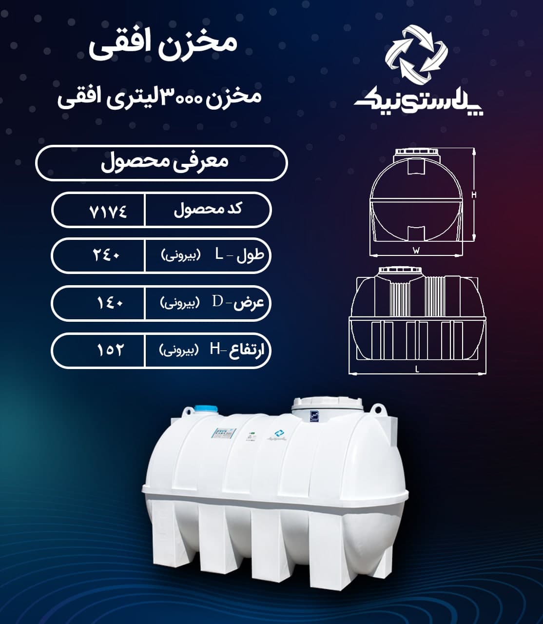 مخزن آب 3000 لیتری افقی سه لایه پلاستونیک – منبع و تانکر پلاستیکی (پلی اتیلن) — تصویر ۲