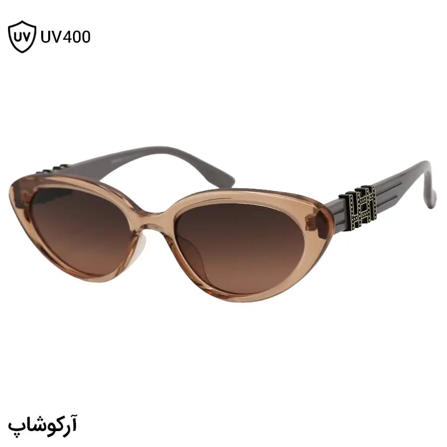 عینک آفتابی زنانه HERMES با فریم رنگ عسلی براق، شکل چشم گربه‌ای، دسته طوسی و لنز قهوه‌ای هایلایت مدل 1138