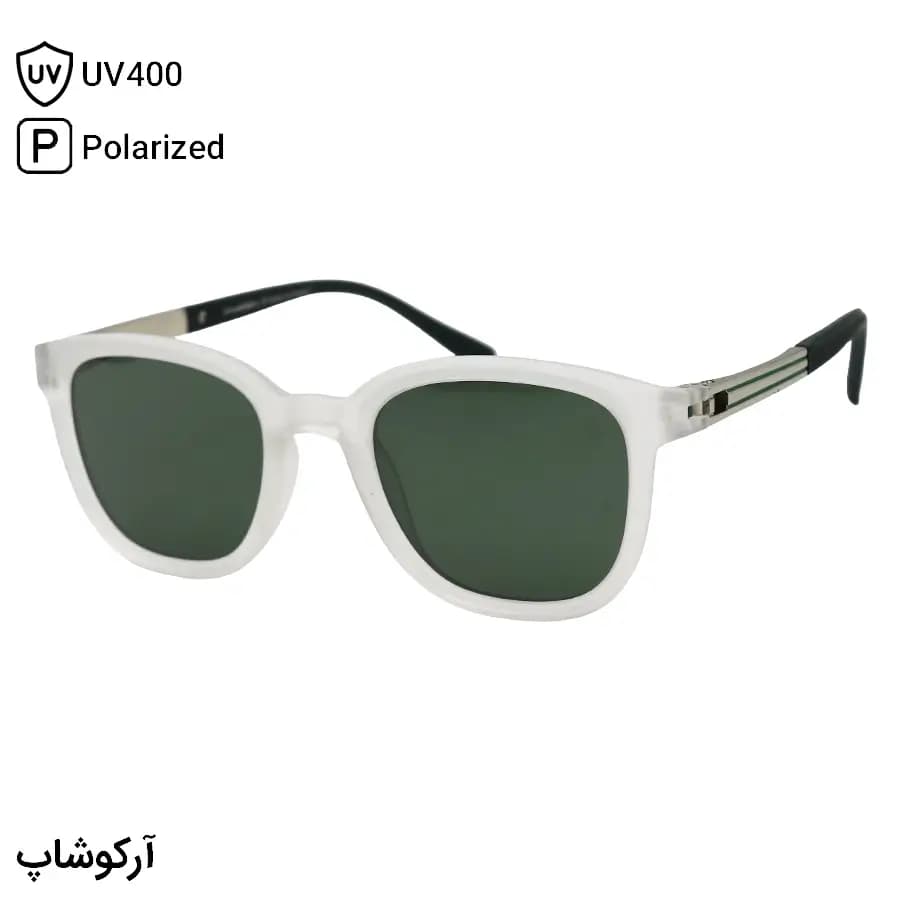 عینک آفتابی اوگا مورل با فریم مربعی شکل، رنگ سفید مات (یخی) و لنز سبز تیره و پلاریزه مدل P8227