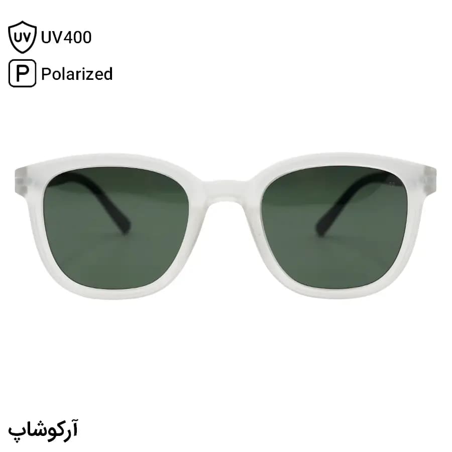 عینک آفتابی اوگا مورل با فریم مربعی شکل، رنگ سفید مات (یخی) و لنز سبز تیره و پلاریزه مدل P8227 — تصویر ۲