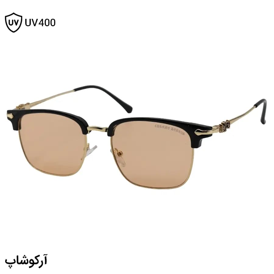 عینک دید در شب Chrome Hearts با فریم شکل کلاب مستر، رنگ مشکی براق و طلایی و لنز نارنجی کم‌رنگ مدل 25553
