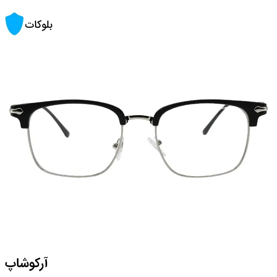 عینک کروم هارتز با فریم شکل کلاب مستر، رنگ مشکی مات و نقره‌ای و لنز بی‌رنگ و شفاف (بلوکات) مدل 25553 — تصویر ۲