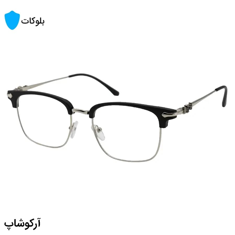 عینک کروم هارتز با فریم شکل کلاب مستر، رنگ مشکی مات و نقره‌ای و لنز بی‌رنگ و شفاف (بلوکات) مدل 25553
