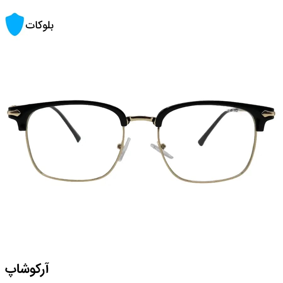 عینک کروم هارتز با فریم شکل کلاب مستر، رنگ مشکی براق و طلایی و لنز بی‌رنگ و شفاف (بلوکات) مدل 25553 — تصویر ۲