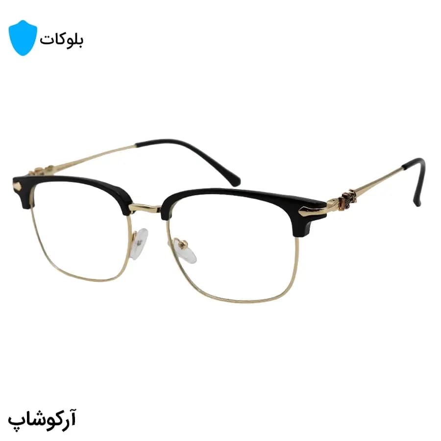 عینک کروم هارتز با فریم شکل کلاب مستر، رنگ مشکی براق و طلایی و لنز بی‌رنگ و شفاف (بلوکات) مدل 25553