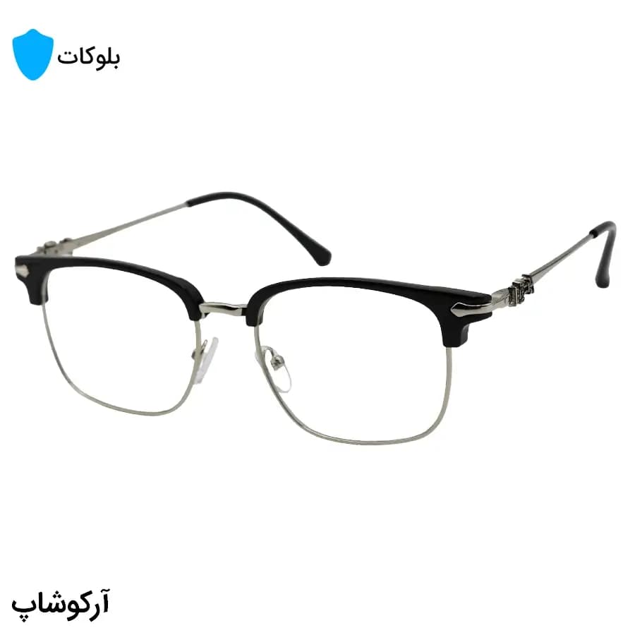 عینک کروم هارتز با فریم شکل کلاب مستر، رنگ مشکی براق و نقره‌ای و لنز بی‌رنگ و شفاف (بلوکات) مدل 25553