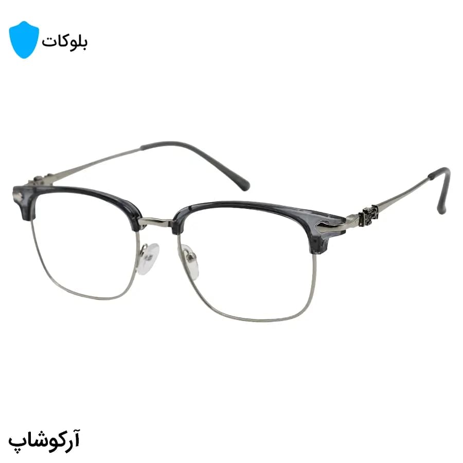 عینک Chrome Hearts با فریم شکل کلاب مستر، رنگ طوسی و نقرهای و لنز بیرنگ و شفاف (بلوکات) مدل 25553