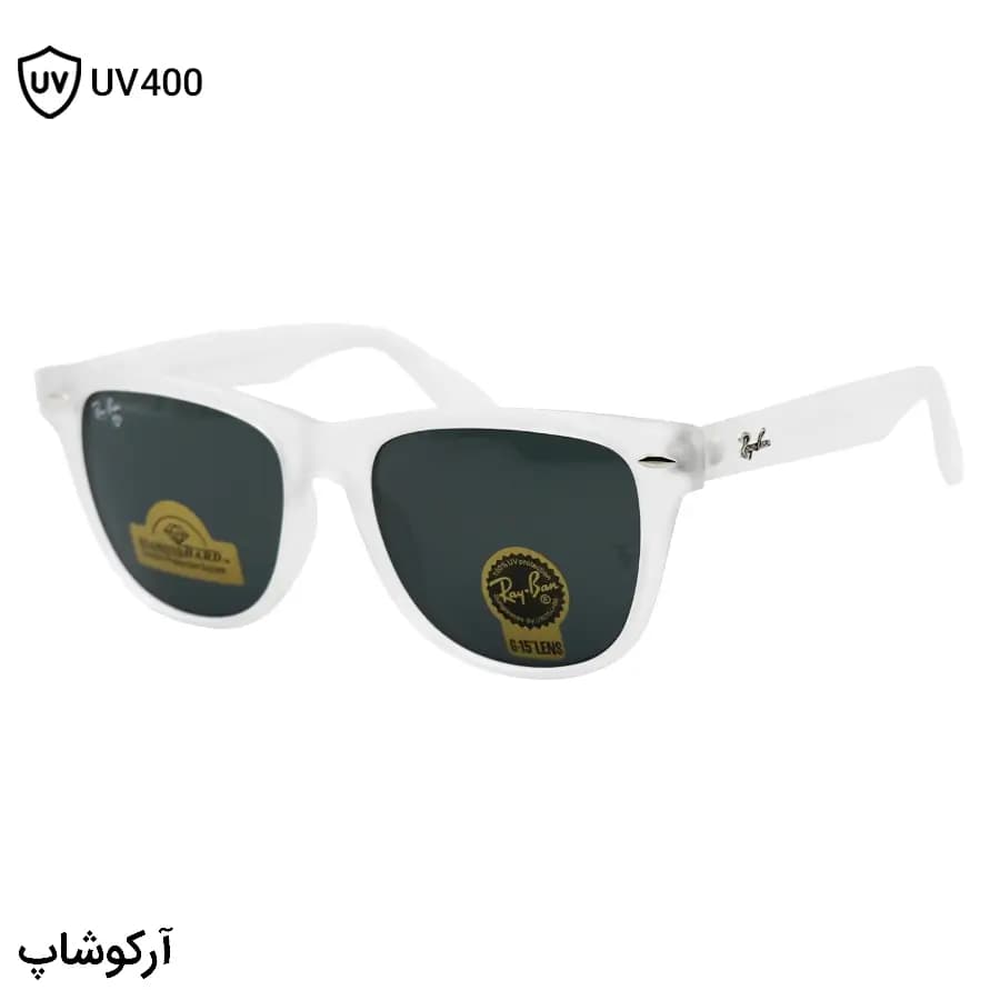 عینک آفتابی ریبن با فریم ویفرر، رنگ سفید یخی، لنز شیشه و سنگ، سایز 54 و رنگ دودی تیره مدل RB2140-F