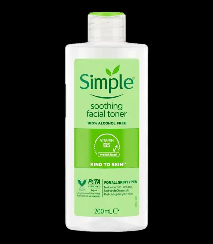 تونر بدون الکل Simple مدل Soothing، حاوی آلانتوئین، ویتامین B5 و عصاره فندق افسونگر، مناسب برای پوست حساس، حجم 200 میلی‌لیتر