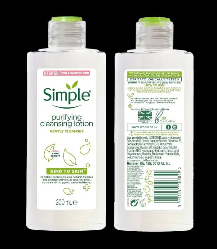 لوسیون پاک‌ کننده Simple مدل Kind to Skin، حاوی ویتامین E و پرو ویتامین B5، مناسب برای پوست حساس، حجم 200 میلی‌لیتر (کپی)