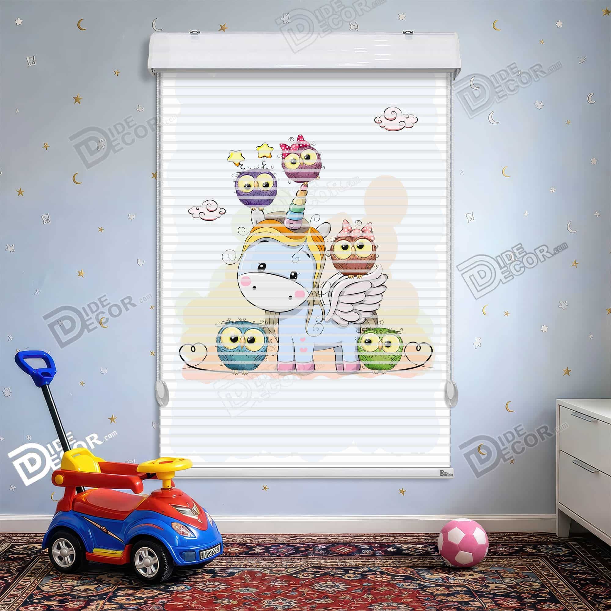 پرده زبرا دومکانیزم طرح کودک اسب تک شاخ جغد کد KD-144