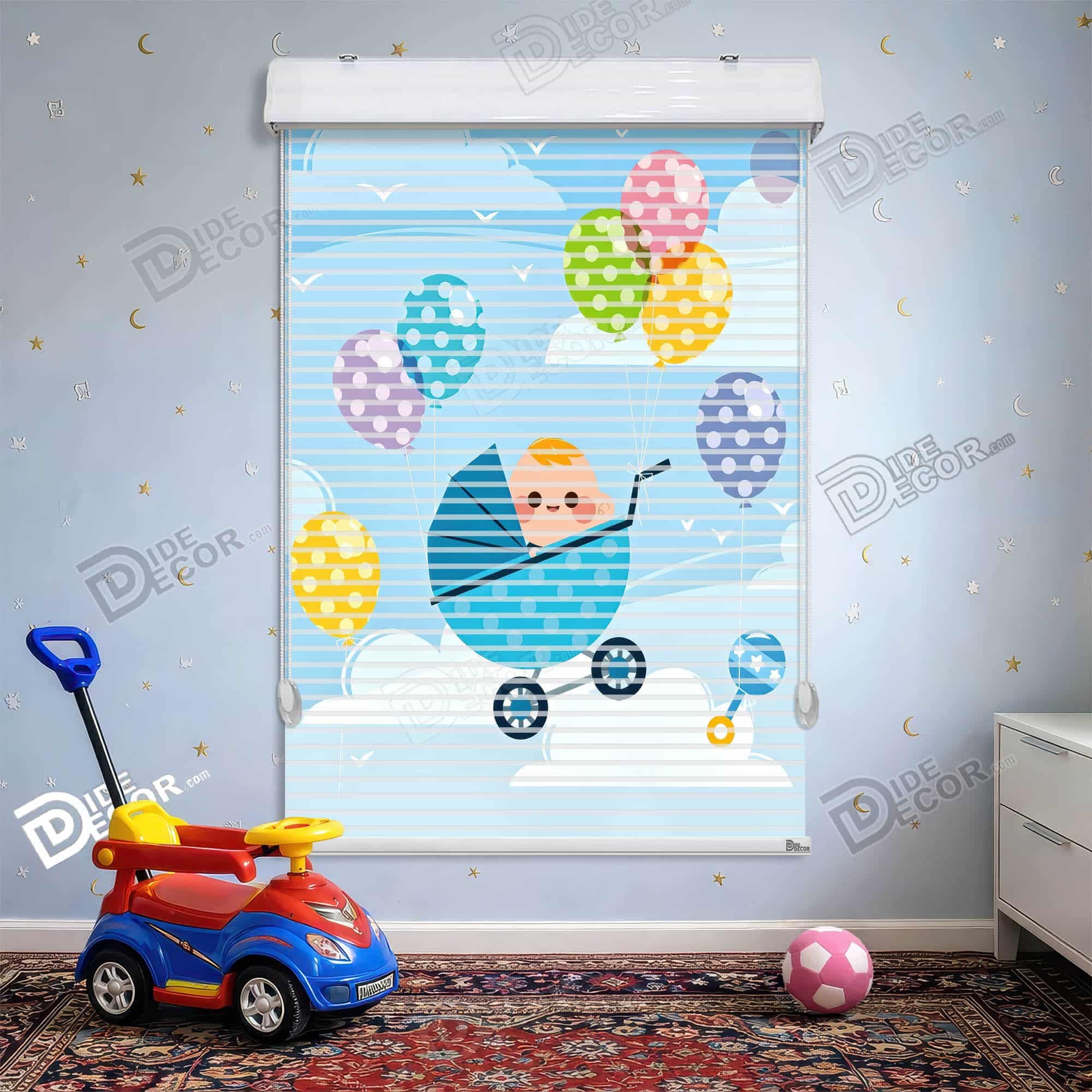 پرده زبرا دومکانیزم طرح کودک کالسکه و بالن کد KD-01