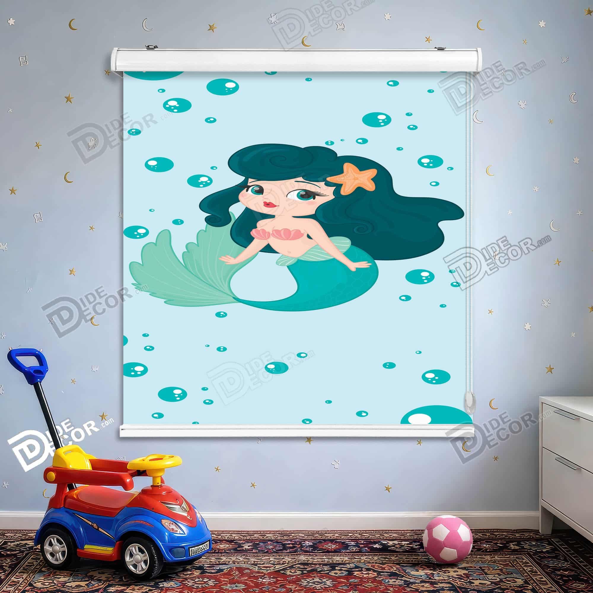 پرده شید طرح کودک پری دریایی فیروزه ای صورتی کد SK-50