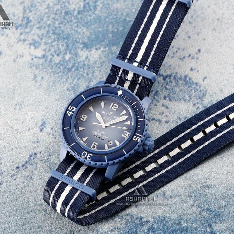 ساعت مچی مردانه و زنانه سواچ مدل Blancpain X Swatch Scuba Fifty Fathoms با بند برزنتی