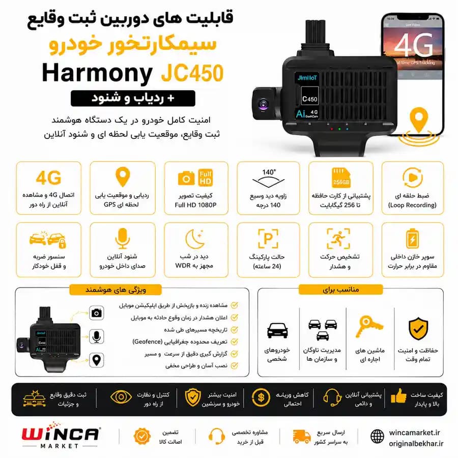 دوربین ثبت وقایع سیمکارتخور خودرو هارمونی مدل Harmony JC450 + ردیاب و شنود — تصویر ۲