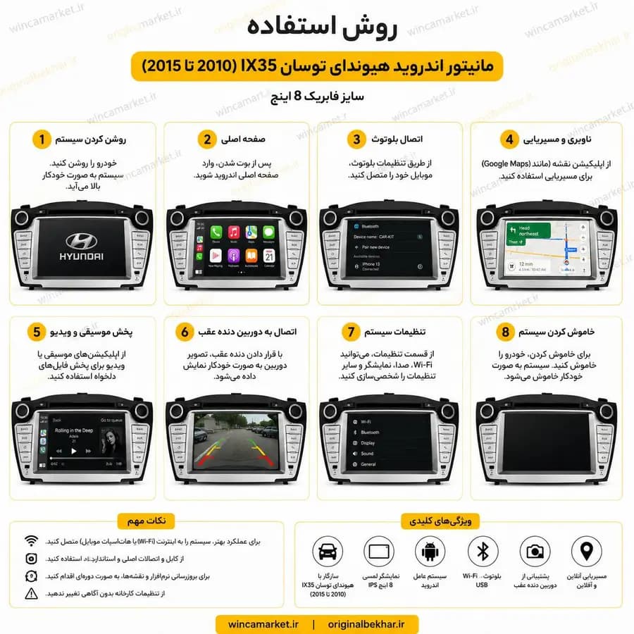 مانیتور اندروید هیوندای توسان IX35 (۲۰۱۰ تا ۲۰۱۵) سایز فابریک ۸ اینچ — تصویر ۴
