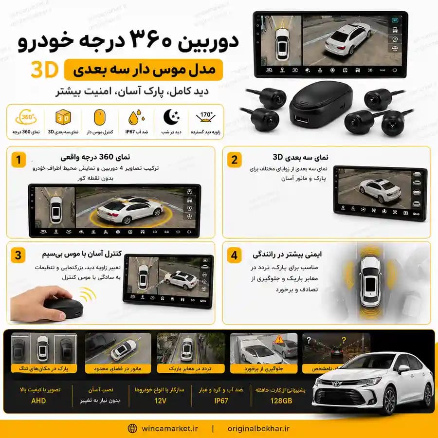 دوربین ۳۶۰ درجه خودرو برند وینکا مدل موس دار 3D سه بعدی PRO — تصویر ۳