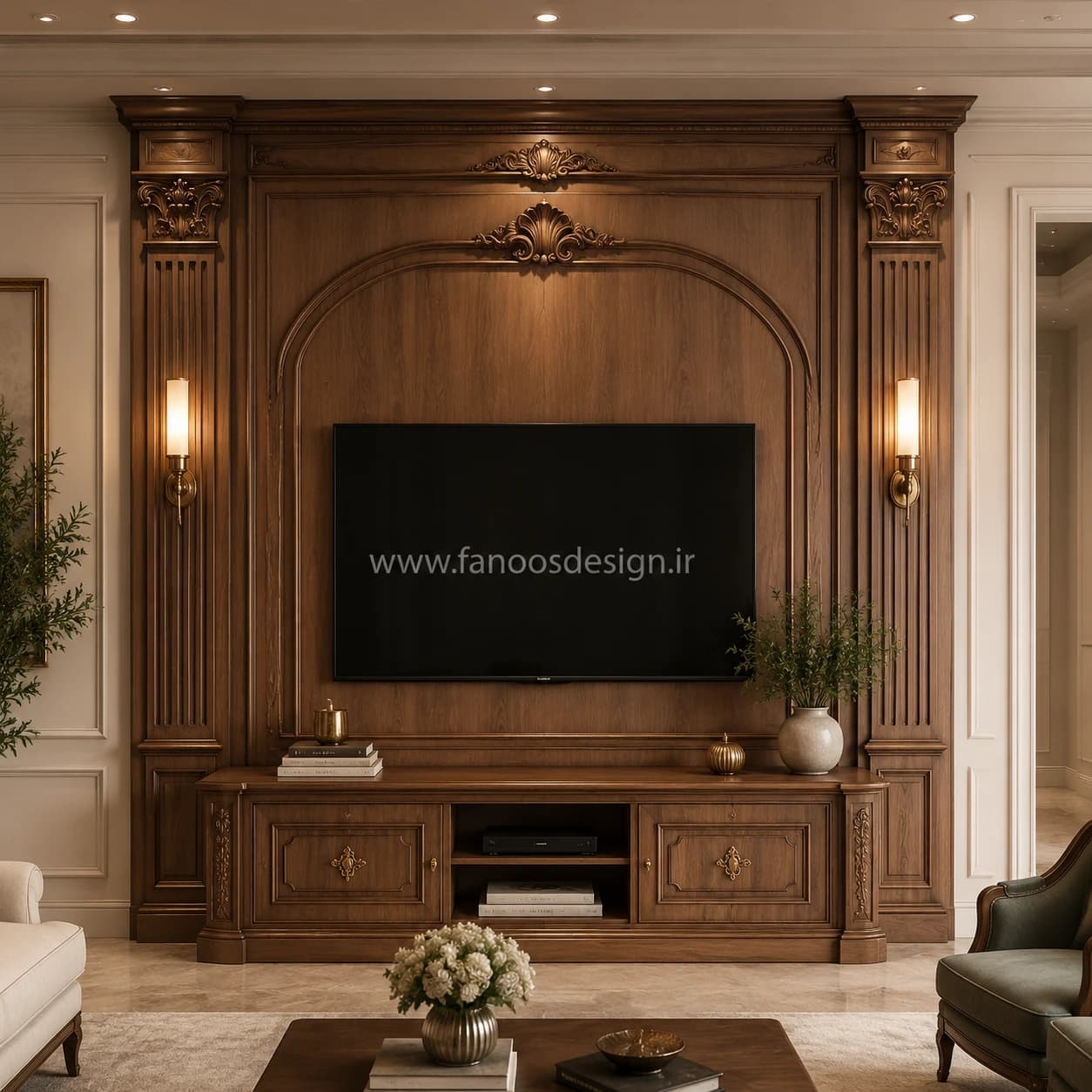 پنل TV Wall چوبی دکوراتیو نئوکلاسیک کد 30380