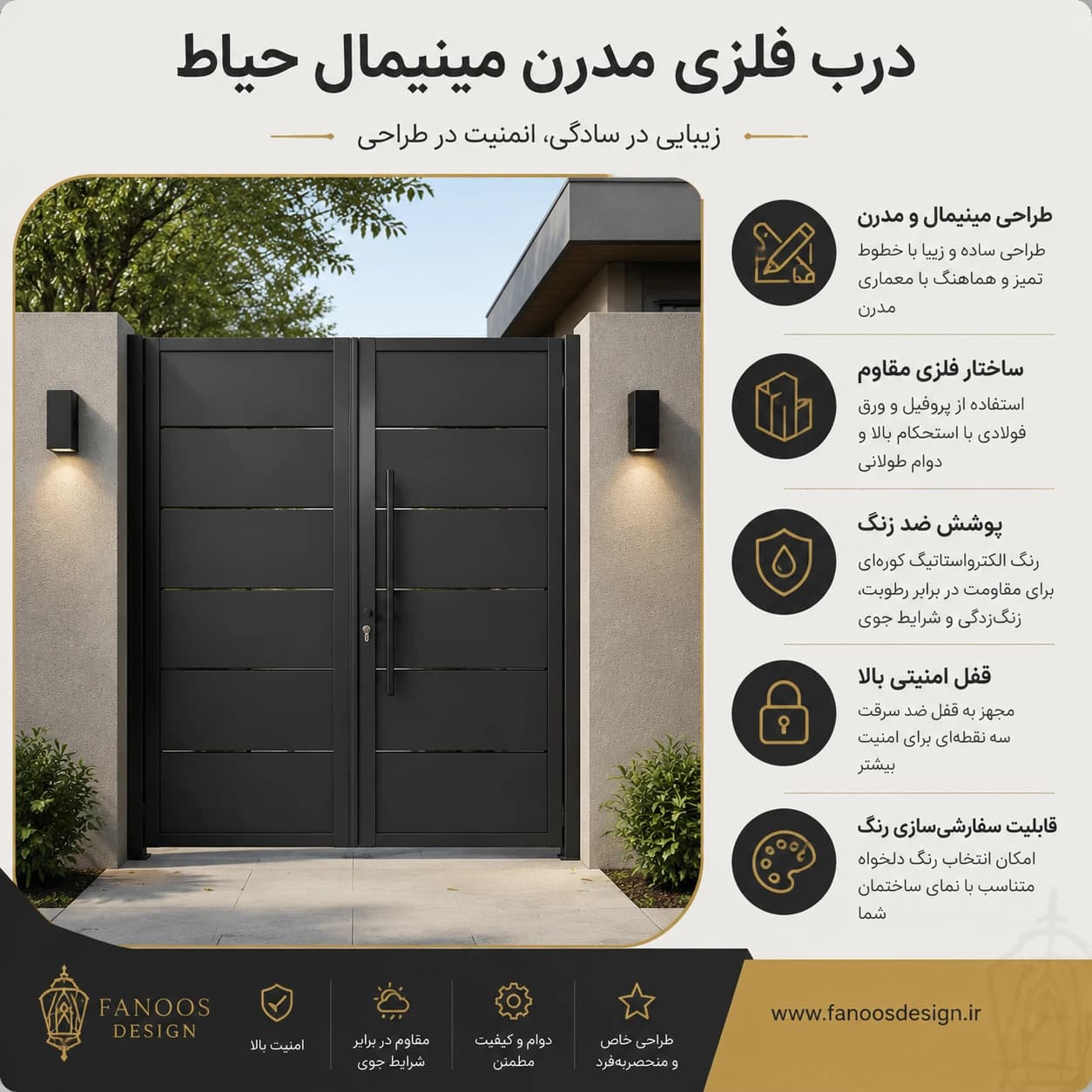درب حیاط فلزی مدرن و مینیمال – امنیت با طراحی پیشرو – کد 30186 — تصویر ۲