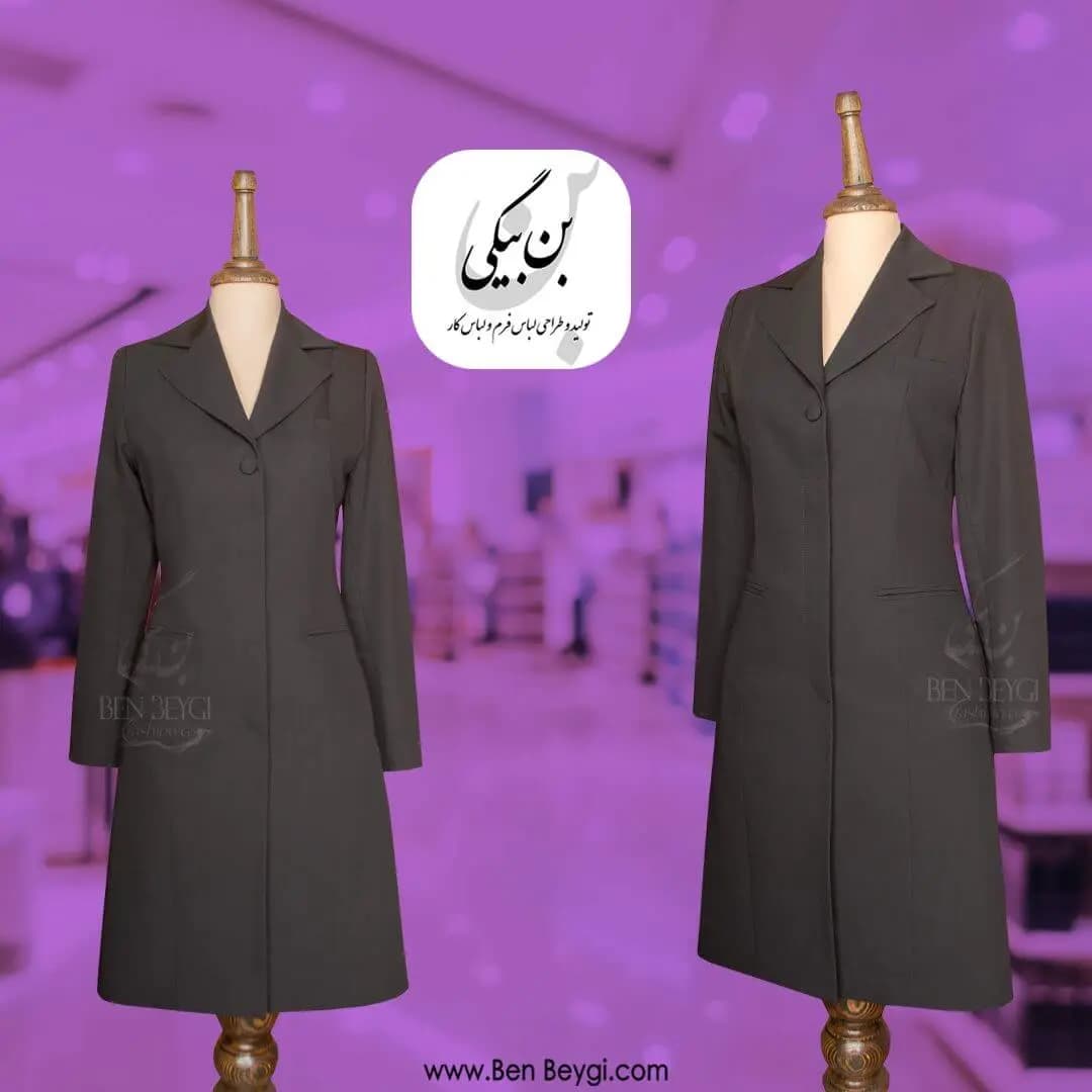 مانتو شلوار اداری مشکی تک دکمه یقه انگلیسی پارچه فیونا کد 31535
