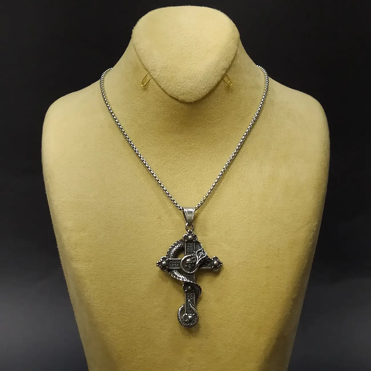گردنبند استیل دورو صلیب گوتیک مار و اسکلت | گردنبند Gothic Cross Snake Skull با استایل دارک و خاص