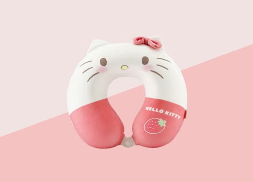 بالشت گردن مینیسو، طرح هلو کیتی، مدل MINISO SANRIO CHARACTERS STRAWBERRY COLLECTION MEMORY FOAM U-SHAPED NECK PILLOW (HELLO KITTY)، سفید/صورتی
