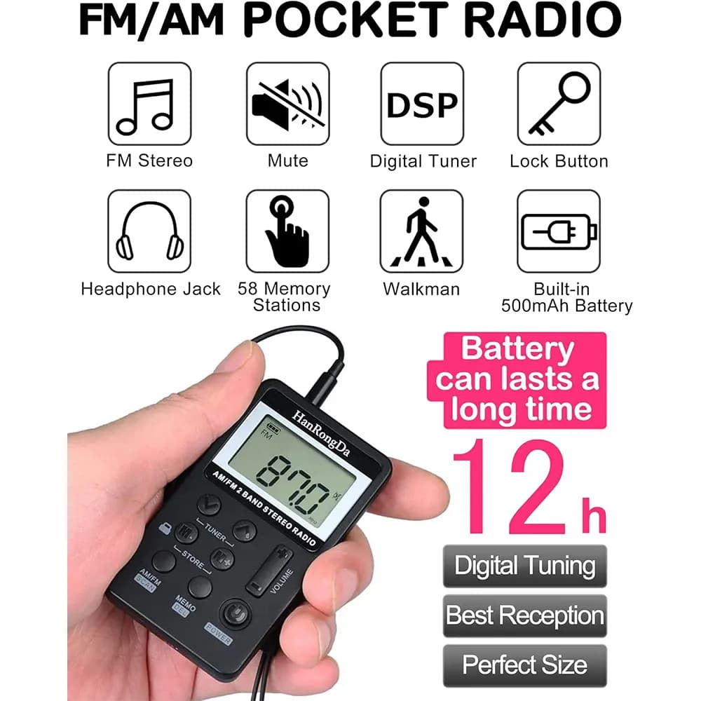 رادیو جیبی شارژی با گیرنده AM/FM و حافظه 58 ایستگاه برند HanRongDa مدل HRD-103 — تصویر ۷