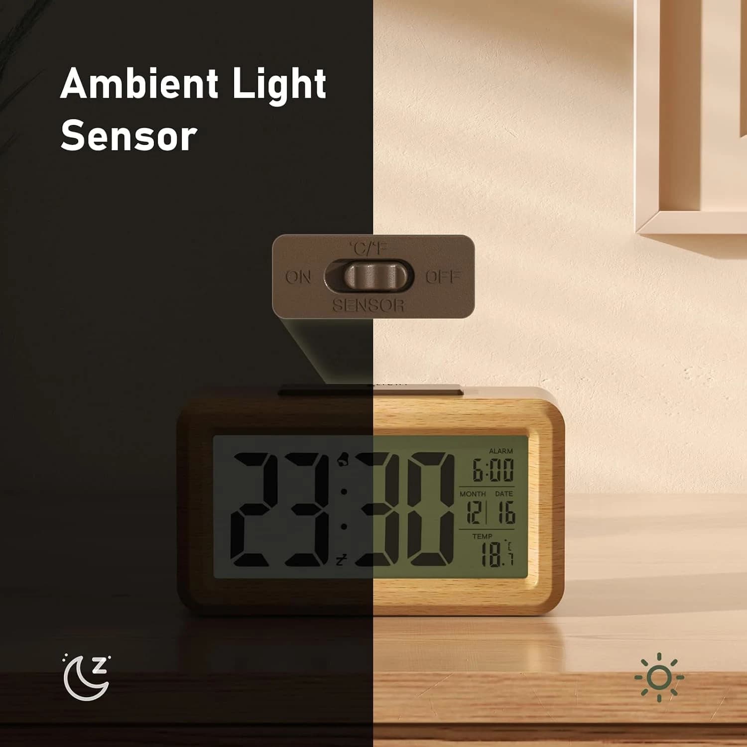 ساعت رومیزی دیجیتال چوبی با نمایشگر LCD بزرگ، نمایش دما و سنسور نور برند HERMIC مدل 1902 — تصویر ۳